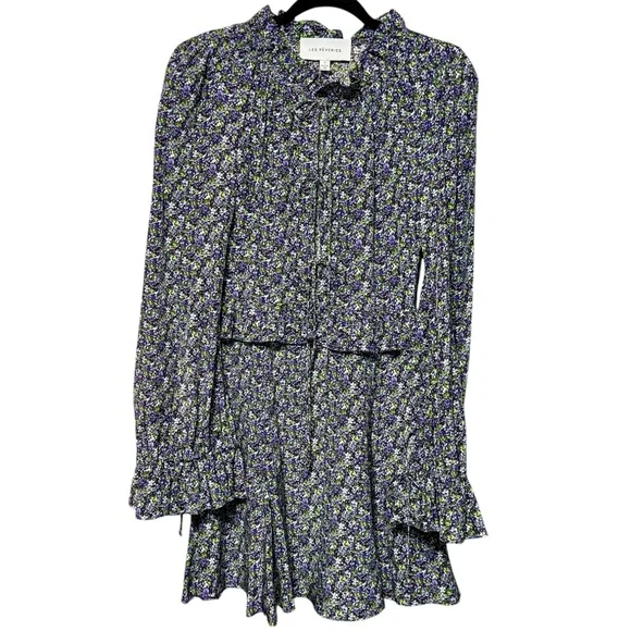 Les Reveries Ruffle Picnic Mini Floral 100% Silk Dress in Ditsy Purple Pansies - Picture 2 of 12